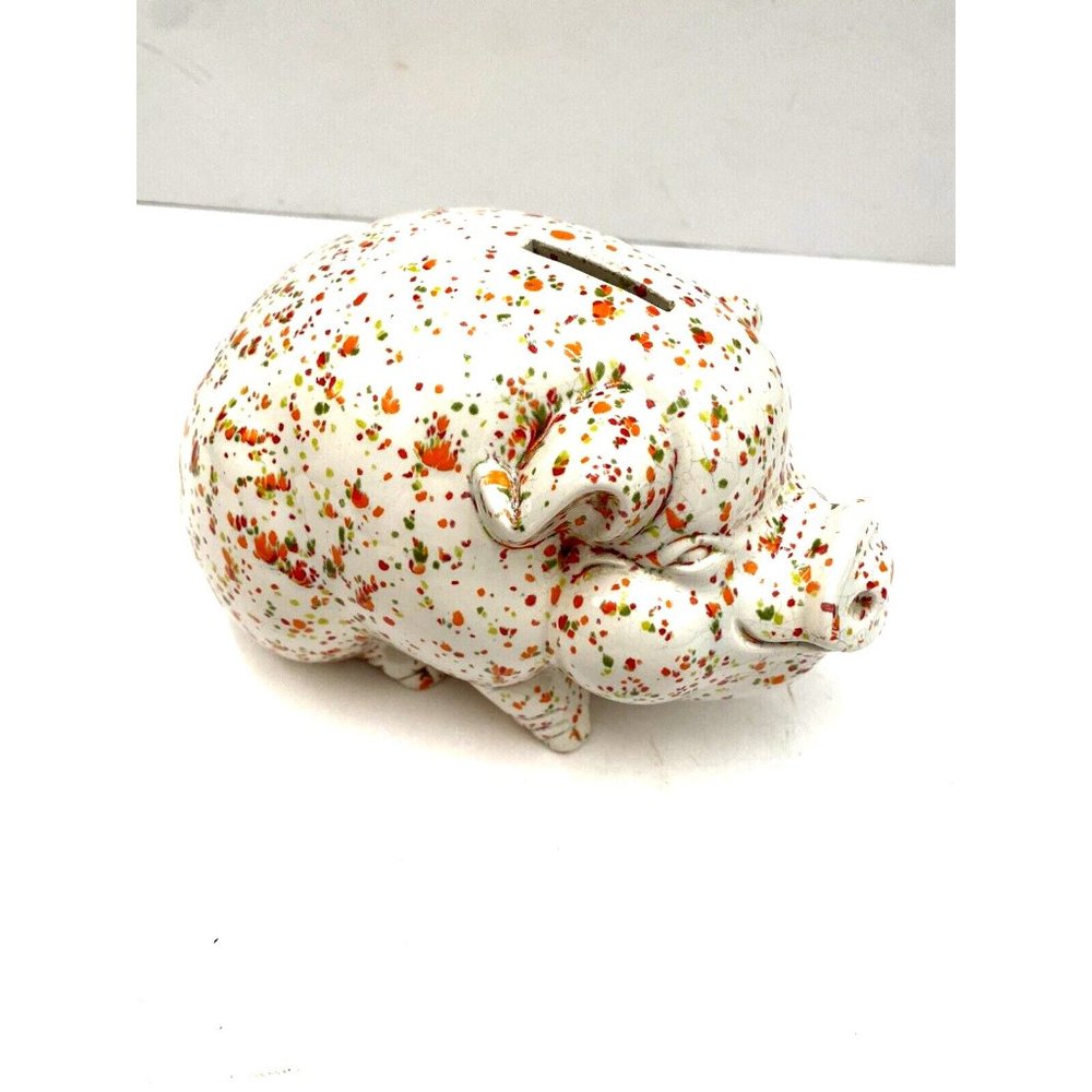 Vintage 1970 Holland Mold Fushia, Orange, Green Speckled Sitting Pig Piggy Bank